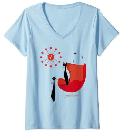 Damen Retro MCM Cool Cat Paar Sunburst Uhr & roter Stuhl T-Shirt T-Shirt mit V-Ausschnitt