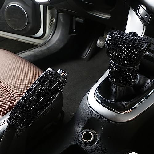 LCWLJL 2 Stück/Set Kristall Diamant Schaltknauf Abdeckung & Handbremsabdeckung Set - Strass Leder Handarbeit Bling Bling Auto Zubehör für Frauen Universal Fit (schwarze Diamanten)