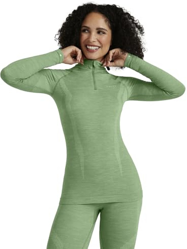 FALKE Damen Baselayer-Shirt Wool-Tech High Zip Neck W L/s Sh Wolle Funktionsmaterial schnelltrocknend 1 Stück, Grün Quiet Green 7378, XS