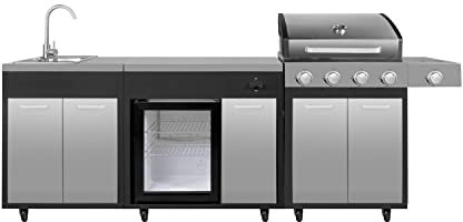 Boss Grill Outdoor Kitchen - 4 Burner Gas BBQ Grill with Beverage Cooler and Sink - Black
