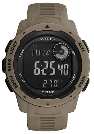 AVTREK Digitale Sportuhr für Jugendliche mit Höhenmesser und Barometer, Outdooruhr, wasserdichte Sportuhr für Militär und Militär (Braun)