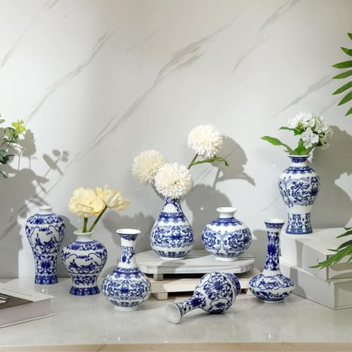 Dandat Mini-Chinoiserie-Knospenvasen, Keramik, Blau und Weiß, Blumenvasen aus chinesischem Porzellan, Set für Regal, Tischdekoration, Heimdekoration (frisch), 8 Stück