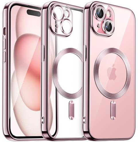 JETech Cover Trasparente Morbida per iPhone 15 Plus 6,7 Pollici, Obiettivo per Fotocamera Protezione Completa, Compatibile con MagSafe Ricarica Wireless, Custodia Placcatura con TPU (Rosa)