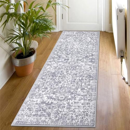 SHACOS Kurzflor Teppich Läufer Flur rutschfest 60 x 180 cm, Grau, Teppichläufer Waschbar Flurläufer Vintage, Küchenteppich, Kurzflor Teppich Läufer für Flur, Küche, Wohnzimmer