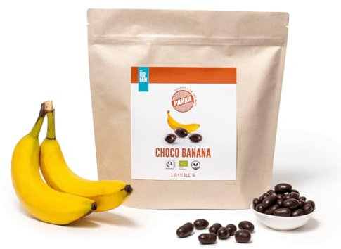 PAKKA Bio Fairtrade Schoko Bananen Drops, 1kg, Öko & Fair schokoliert, Bananen Dragees, direkt hergestellt und abgefüllt vom Produzenten in Kolumbien, vegan, dragiert, 1000g