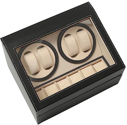 SUBKUDY Uhrenbeweger Automatik 4 + 6 Uhrenbeweger Automatik Watch Winder Aufbewahrungsbox Leder Gehäuse Rotate Watch Winders Schmuckbox, Schwarz