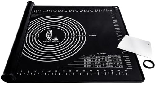 SUPER KITCHEN 70x50cm Silikon Backmatte Mit Rand, Antihaft Teigmatte Groß Mit Messung, Rutschfeste Backunterlage Zum Teig Ausrollen, Verdickte Silikonmatte Backen, Teigunterlage Ausrollmatte, Schwarz
