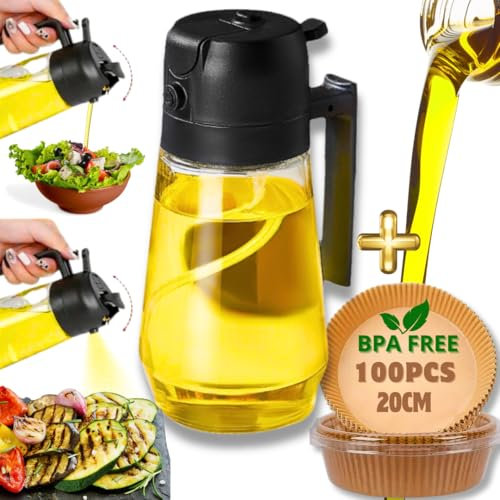 OLIMPYKA PULVERIZADOR ACEITE SPRAY 2 EN 1 DE 500 mL, DISPENSADOR Y PULVERIZADOR PARA COCINAR, ANTIGOTEO. PACK ACEITERA CRISTAL + 100 PCS PAPEL FREIDORA DE AIRE. ANTIADHERENTE