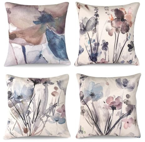 AUAUY Blumen Kissenbezug 40x40 4er Set, Kissenhülle Leinen Sofakissen Moderne Abstrakte Blumen Aquarellmalerei Dekokissen für Sofa Schlafzimmer Couch Outdoor Bauernhaus Kissenbezüge