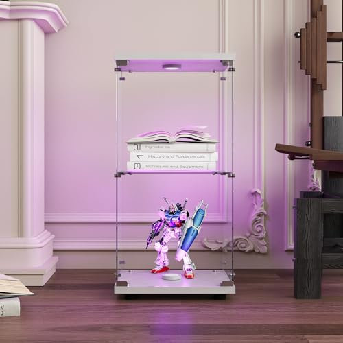 DADEA Glasvitrine, 2 Ablagen Glasschrank Vitrine, 1 Tür Curio Schränke mit Licht und Schloss, Bodenstehender Glasaufbewahrungsschrank für Schlafzimmer Wohnzimmer Büro (Weiß, 2 Ebenen)