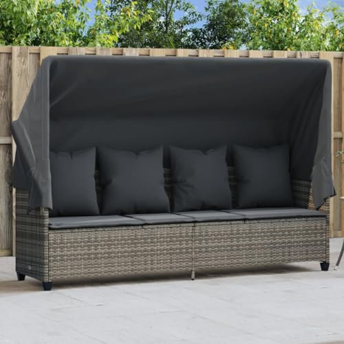 Faroom Loungebett Outdoor mit Liegefunktion,Balkonsofa 3 Sitzer mit Dach,Gartensofa Polyrattan,Gartenbett,Liegesofa,Relaxliege,Sonnenliege mit Dach Grau