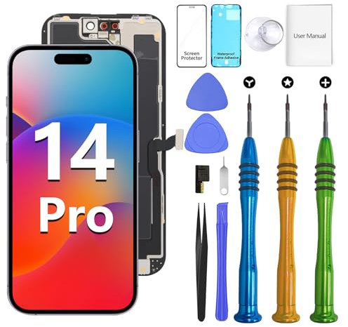 ATEVENSE Geeignet für iPhone 14 Pro Bildschirm Ersatzkit 6,1 LCD Display 3D Touch IPS FHD COF Vollständige Montage Edelstahl Reparaturset Wasserdichter Rahmenaufkleber + Panzerglas