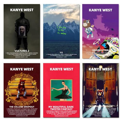 EDQMHFNV Kanye West Albumcover-Poster, 6er-Set, Leinwand-Musikposter für Schlafzimmer, Wandkunst, Dekor und Drucke, 20 x 30 cm, Stil 3