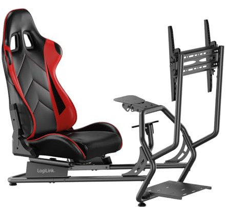LogiLink EO0065 - Racing Simulator Cockpit/Stuhl mit Monitorhalterung für 37–55 Monitore, Schwarz