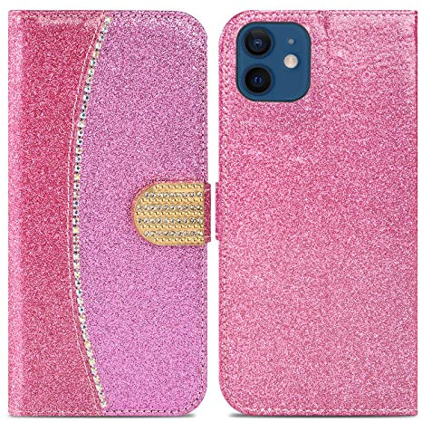 Case For iPhone 12 Mini, Glitter Sparkle Case For Girls Leather Wallet Flip Protective Phone Cover For iPhone 12 Mini - HotPink Glint