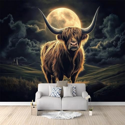 Fototapete Schlafzimmer Tier Yak Mond 300x210 cm 3D Druck Vliestapete, Wandtapete Wandbilder, für Wohnzimmer, Kinderzimmer, TV Hintergrund Vlies Tapete