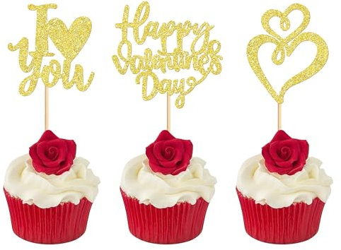 Ercaido 24 Pack Gold Glitter Valentine's Day Cupcake Toppers Love Theme I Love You Wedding Engagement Cupcake Picks Bridal Shower Valentine's Party Cake Decorations