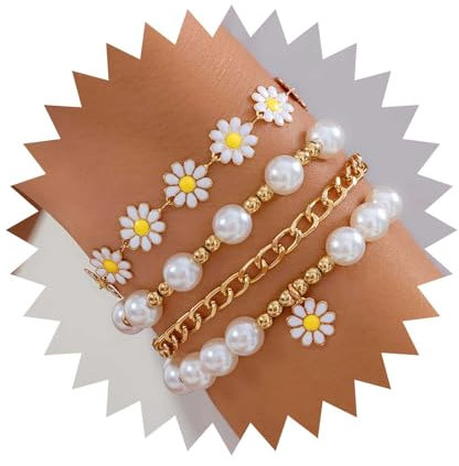 Cybche Vintage Daisy Blumenarmband Gold Perle Perlenarmband Blume Perle Armbänder Blumenarmband Armband Einstellbares Perlenhandkettenarmband Schmuck für Frauen