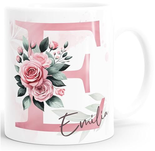 SpecialMe® Kaffee-Tasse Initiale Monogramm personalisiert mit Namen Blumen Blüten Rosen persönliche Geschenke Weiss standard
