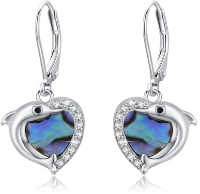 MEDWISE Delfin Ohrringe 925 Sterling Silber Delfine Herz Hängend Damen Ohrringe Abalone Muschel Hypoallergener Ohrhänger Schmuck für Mädchen Freundin Tochter Mutter Meeresschmuck Geburtstagsgeschenk