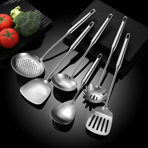 Ustensiles de wok en acier inoxydable 304, Lot de 6 spatules pour wok, écumoire, spatule à fente et cuillère à spaghetti et cuillère de riz,passent au lave-vaisselle