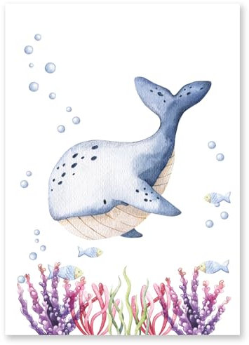 Calmondo Wal Kinderbild für Kinderzimmer | Tier-Poster Bild für Kinder als Geschenk für Mädchen & Jungen | Süße Wand-Deko für eine fröhliche Atmosphäre | DIN A4 | Mit Bonusbild und Kindermappe