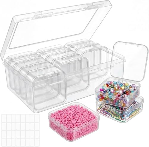 Yifield 15 Mini Boxen (5,5 × 5,5 × 2 cm) mit großer Aufbewahrungsbox & Etiketten, Sortierbox mit Deckel, Perlenbox, Kunststoff Organizer für Kleinteile, Bügelperlen, Bastelperlen, Schmuck und Sticker