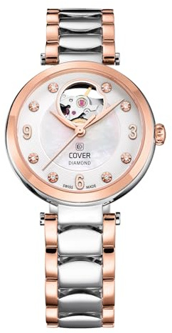 COVER COA8 Lady Diamond Open Heart Swiss Made Montre automatique pour femme avec bracelet en acier inoxydable et verre saphir, Bicolore - Or rose