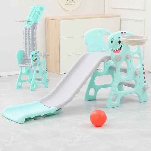 WDW 2-in-1 Foldable Children's Slide and Basketball Stand, Indoor/Outdoor Play Set, Green