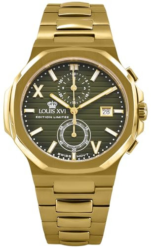 LOUIS XVI Renaissance Chrono 1651 - Ø 40 mm - Herren Uhr - Wasserdicht - Uhr mit Saphirglas - Armband Gold - Zifferblatt Olive Grün - Schweizer Quarzwerk