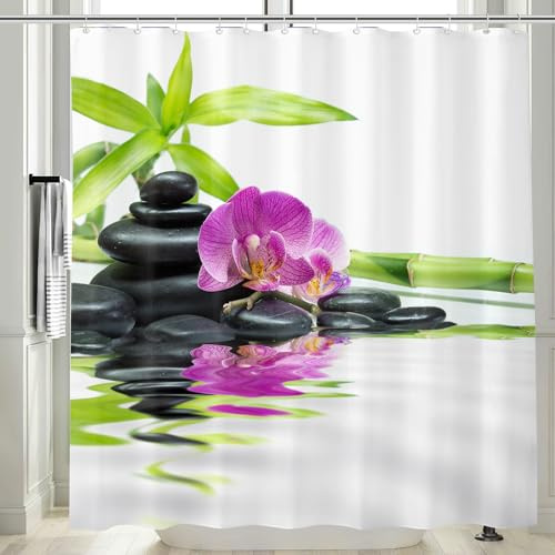 Vgzsyomqib Rideau Douche Anti Moisissure Motif Zen Rideaux Baignoire 200x200 Tissu Polyester Imperméable Waterproof Imprimé Bambou Orchidée Galet Rideau de Douche Salle Bain Lavable Machine