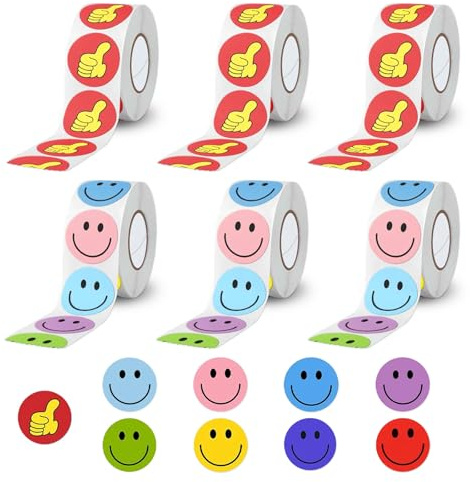 Luckwaii Smiley Aufkleber 6 Rollen 3000 Stück Emoji Sticker Set, 1500 Smiley Face Stickers in 8 Farben und 1500 Sticker Daumen Hoch Runde 2,5cm, Lehrer Belohnungssticker für Belohnungsaufkleber, Party