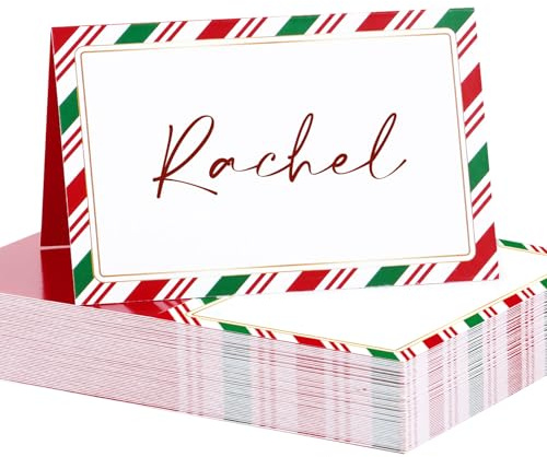 BETESSIN 50 Stück Tischkarten Weihnachten - Elegante Platzkarten mit Weihnachtsstreifen Motiv - Weihnachtsdeko Tisch - Namenskarten zum Beschriften - Tischdekoration für Weihnachten