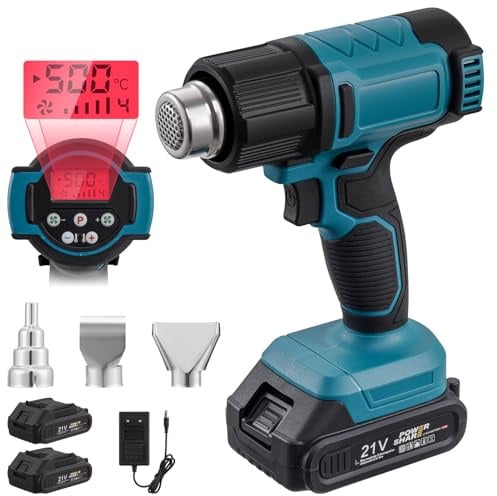 Dibaful Heißluftfön Akku Heißluftpistole Kit 200℃ 300℃ mit 2X 21V Akku LCD Digitalanzeige 3 Düsen | Heißluftgebläse Elektrisch Heissluftföhn Schnelle Erwärmung für Entlacken Löten Schrumpfen