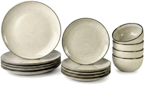 Fika Oatmeal Reactive Glaze Stoneware Tableware Set 16 Piece | Service for 4 | Dishwasher Safe | Nordic Artisan Dinnerware | Scandi Home