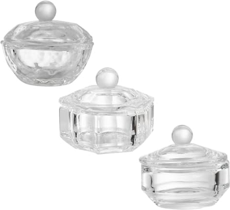 Cabilock Lot de 3 Gobelets en Cristal Transparent avec Couvercle, Tailles 5 Petit Octogonal, 6 Rond, 7 Hexagonal, pour Poudre Liquide Acrylique, Accessoires Manucure Professionnels