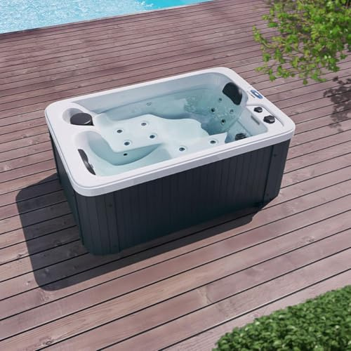 Kompakter 2 Personen Outdoor Whirlpool Hollywood Weiss mit 15 Düsen, Heizung, LED-Licht und Ozon-Desinfektion - ideal für Garten, Balkon (Dunkelgrau - Mit Thermoabdeckung & ohne Treppe)