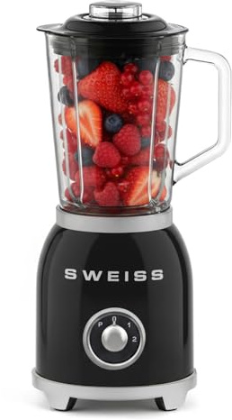 SWEISS Standmixer Smoothie Vintage MXV9, 2 Geschwindigkeitsstufen und Pulsfunktion, 6 Edelstahlklingen, Fassungsvermögen 1,5 l, Glasschüssel, rutschfeste Füße, Sicherheitsschalter, 1000 W, Schwarz