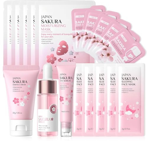 Sakura Skin Care Set Teenager Mädchen Geschenke, Skincare Set 18 Stück | Beauty Set Mädchen, Sakura Gesichtspflege Set,Hautpflege Set Gesichtsmaske,Schlammmaske,Schlafmaske,Serum,Augen Serum,Creme