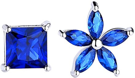 LÖB 925 Silber Ohrstecker Zirkonia Blumen Viereck Saphir Blau Ohrringe Set Damen Silberohrringe Ohrschmuck Klassisch Elegant Quadrat Royal Brautschmuck