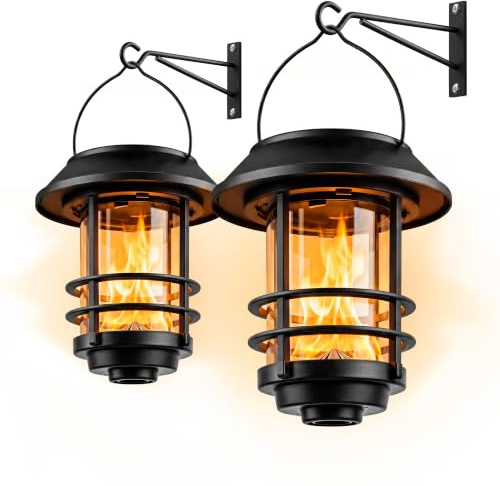 FLOWood Solarlampen für Außen, hängende Wandleuchten, Black,2 Stück | Solar Laternen Außen, flackernder Flammeneffekt, IP65 Wasserdicht, Glas&Metall, Wandmontage für Veranda, Terrasse und Hof