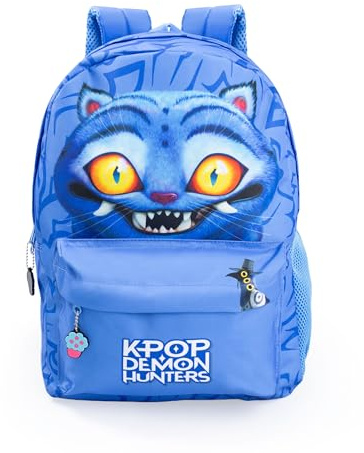 KPop Demon Hunters Derpy Tiger Blauer Rucksack | Schulrucksack für Kinder mit Reißverschlusstasche vorne | Gepolsterte Schultergurte & Brustgurt | K-Pop Demon Hunters Merchandise