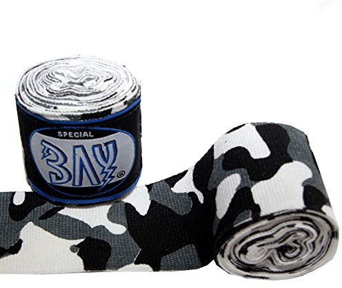 BAY® Camouflage Boxbandagen Box-Bandagen - schwarz weiß grau - Hand Wraps elastisch Elastik 250 cm 2,5 m Handbandagen Faustbandagen Kickboxen Boxen MMA Muay Thai Thaiboxen Camou, Camo
