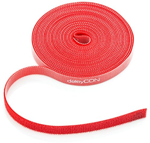 deleyCON 5m Klett Kabelbinder Klettband Klettbandrolle 10mm Breit Kabelmanagement Kabelorganizer Klettkabelbinder Klettverschluss zuschneidbar Rot