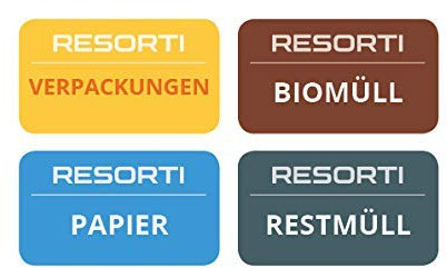 Resorti Aufkleber 4er SET für Abfall- und Mülltrennung Motiv eckig (Restmüll, Gelber Sack, Biomüll, Papier-Müll)