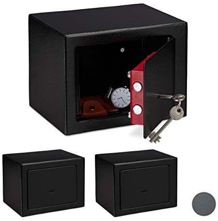 3 x Möbeltresor mit Schlüssel, Doppelbartschloss, Befestigung Wand oder Boden, Minisafe, HxBxT: 17 x 23 x 17, schwarz