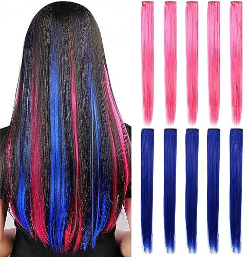 Rhyme Farbige Haarverlängerung Clips Bunte Haarsträhnen Glatte Regenbogen Gerade(DIY) Weihnachten Für Mädchen Kinder Synthetisch Haarteil 8 Stück (Blau Rosa)