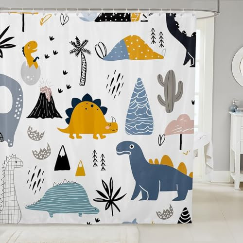 Loussiesd Kinder Dinosaurier Duschvorhang 180x200cm Süß Karikatur Dino Badezimmer Wasserdicht Duschvorhang Textil Jungen Mädchen Dschungel Palme Tiere Zubehör mit Haken Schöne Dekor Vorhänge