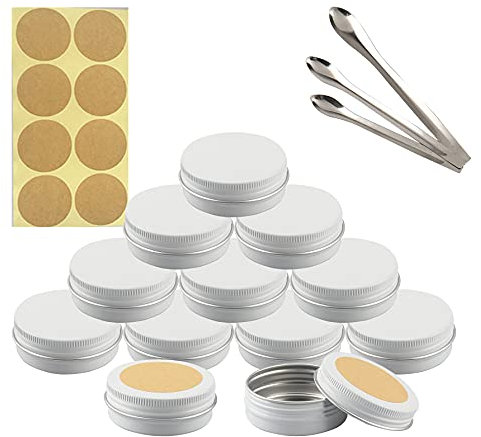 TIANZD 10 Pièces 30 ml Vide Rond Blanc Pots en Aluminium Cosmétiques Pot Canettes Bocaux Conteneurs 30ml for Fait Main Bougies Crème Baume Voyage, 3x aluminium cuillère, 10x Étiquettes