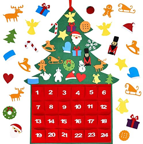 Calendario Dell'Avvento Natale, Albero di Natale in Feltro per Bambini, Calendario Avvento da Riempire, Albero di Natale Feltro Calendario dell'avvento con 24 Ornamenti per Decorazioni Natale